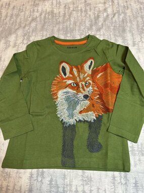 NWOT Mini Boden Green Fox Applique Long Sleeve Tee 4-5Y